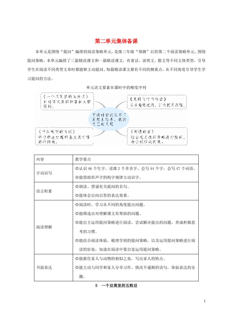 2023四年级语文上册第二单元5一个豆荚里的五粒豆配套教案新人教版