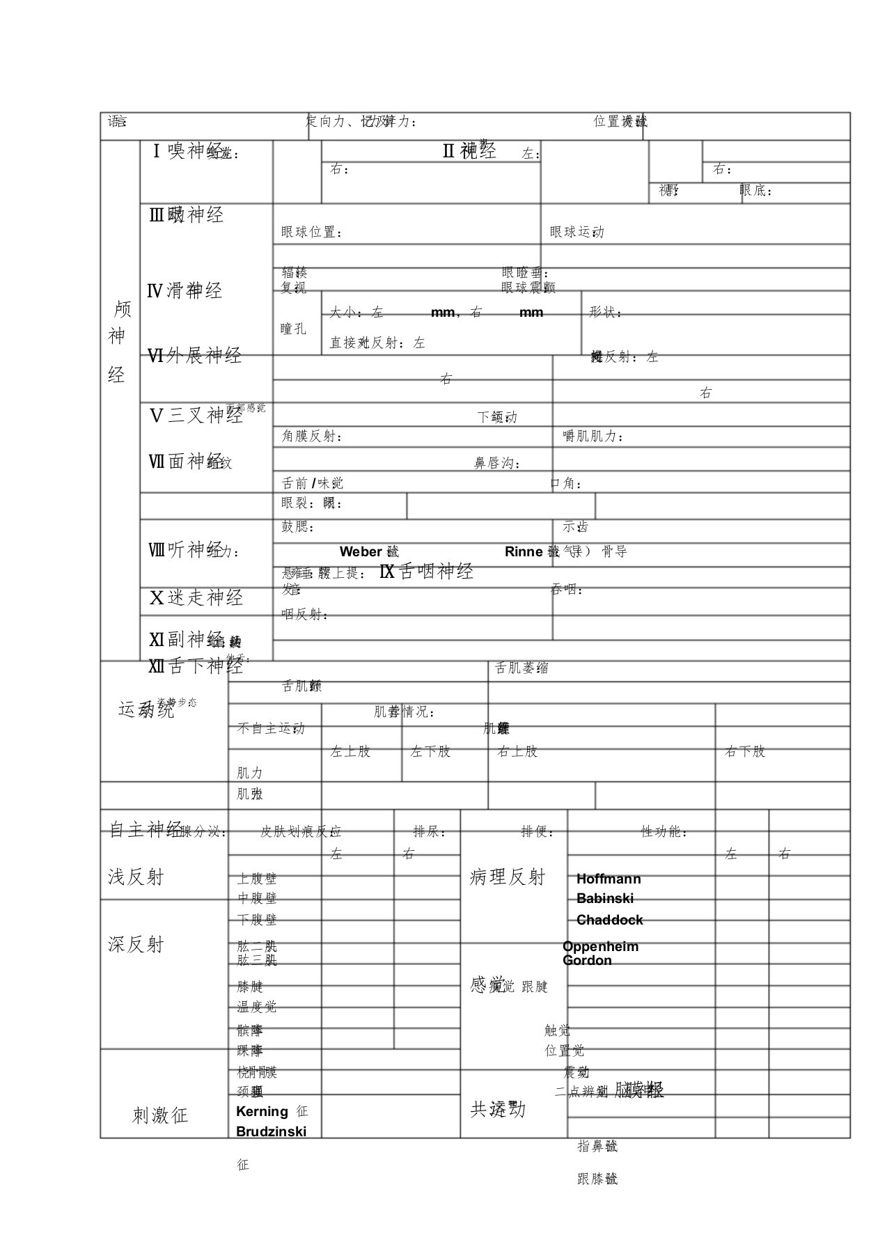 神经系统专科检查表