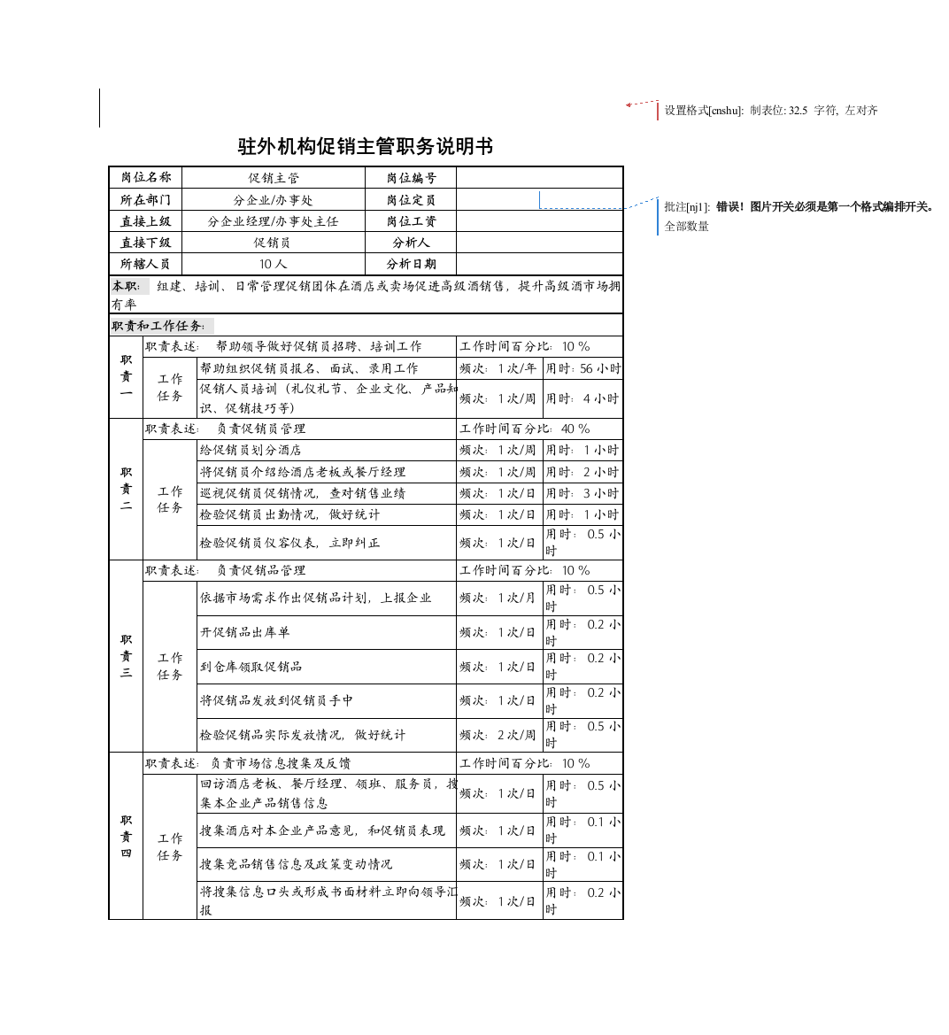 驻外机构促销主管职务说明书样本