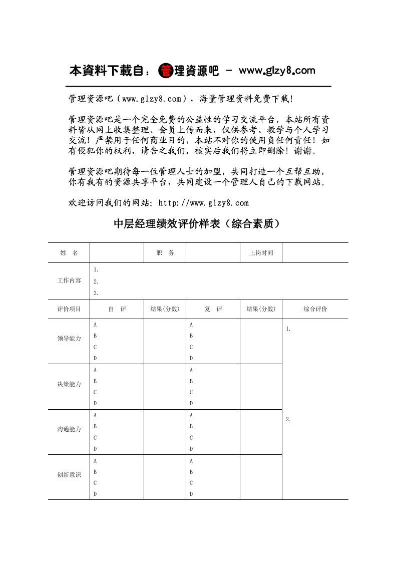 精选中层经理绩效评价样表综合素质