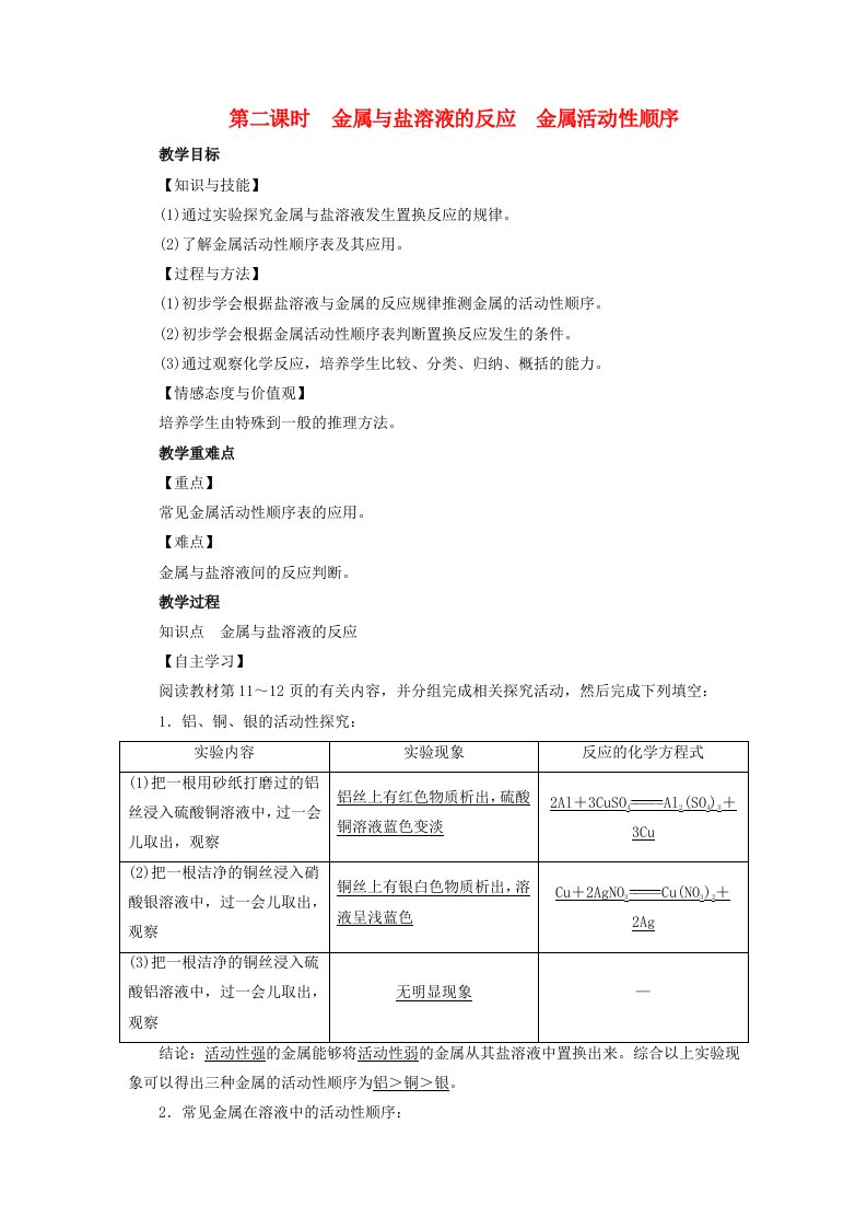 九年级化学下册第8单元金属和金属材料课题2金属的化学性质第2课时金属与盐溶液的反应金属活动性顺序教案