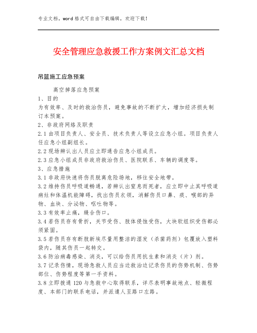 安全管理应急救援工作方案例文汇总文档