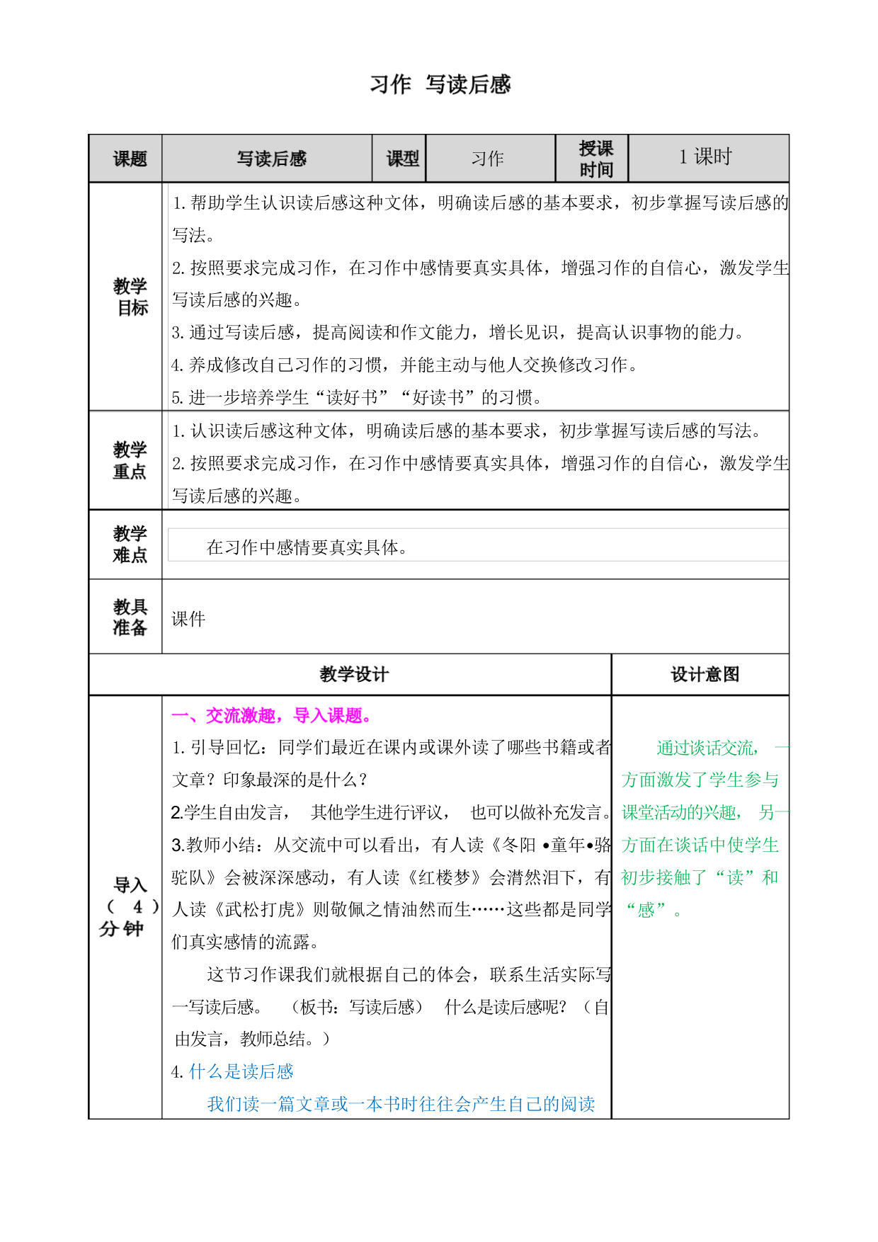 五年级语文下册第二单元习作指导《写读后感》教学设计教案(公开课详案)