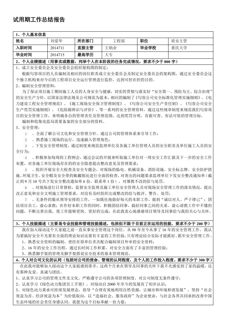 试用期工作总结报告