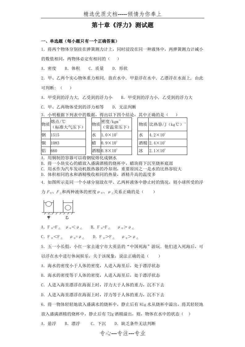 初中物理八年级下册第十章《浮力》测试题(共7页)