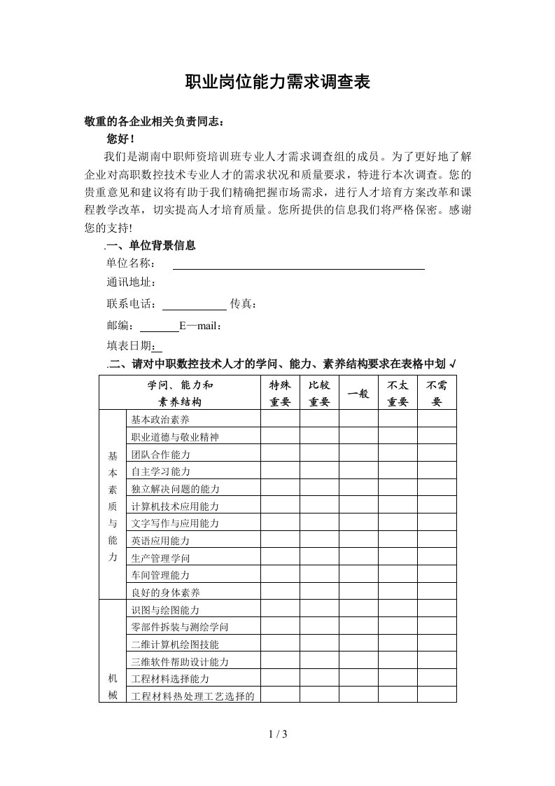 岗位职业能力与素质调查表4