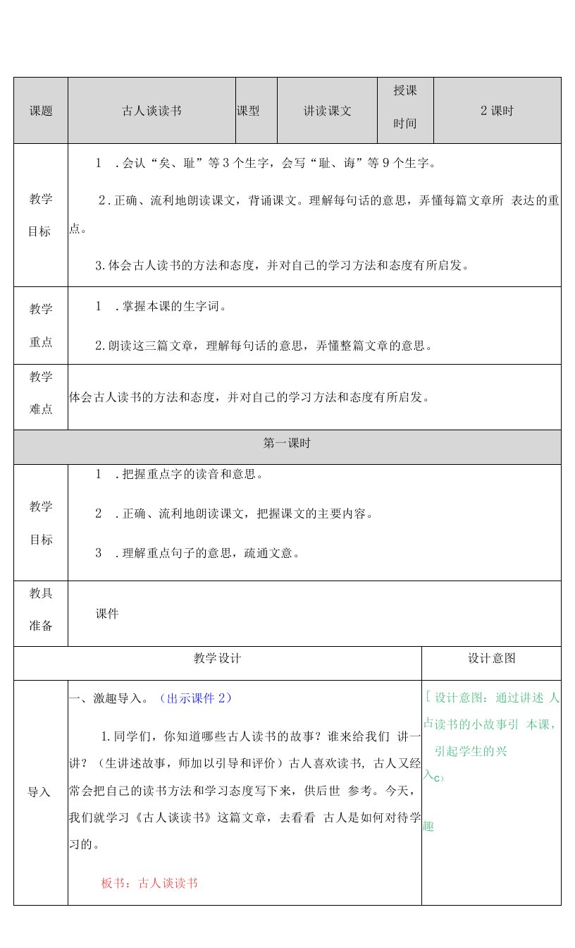 小学语文五年级上册第八单元古人谈读书