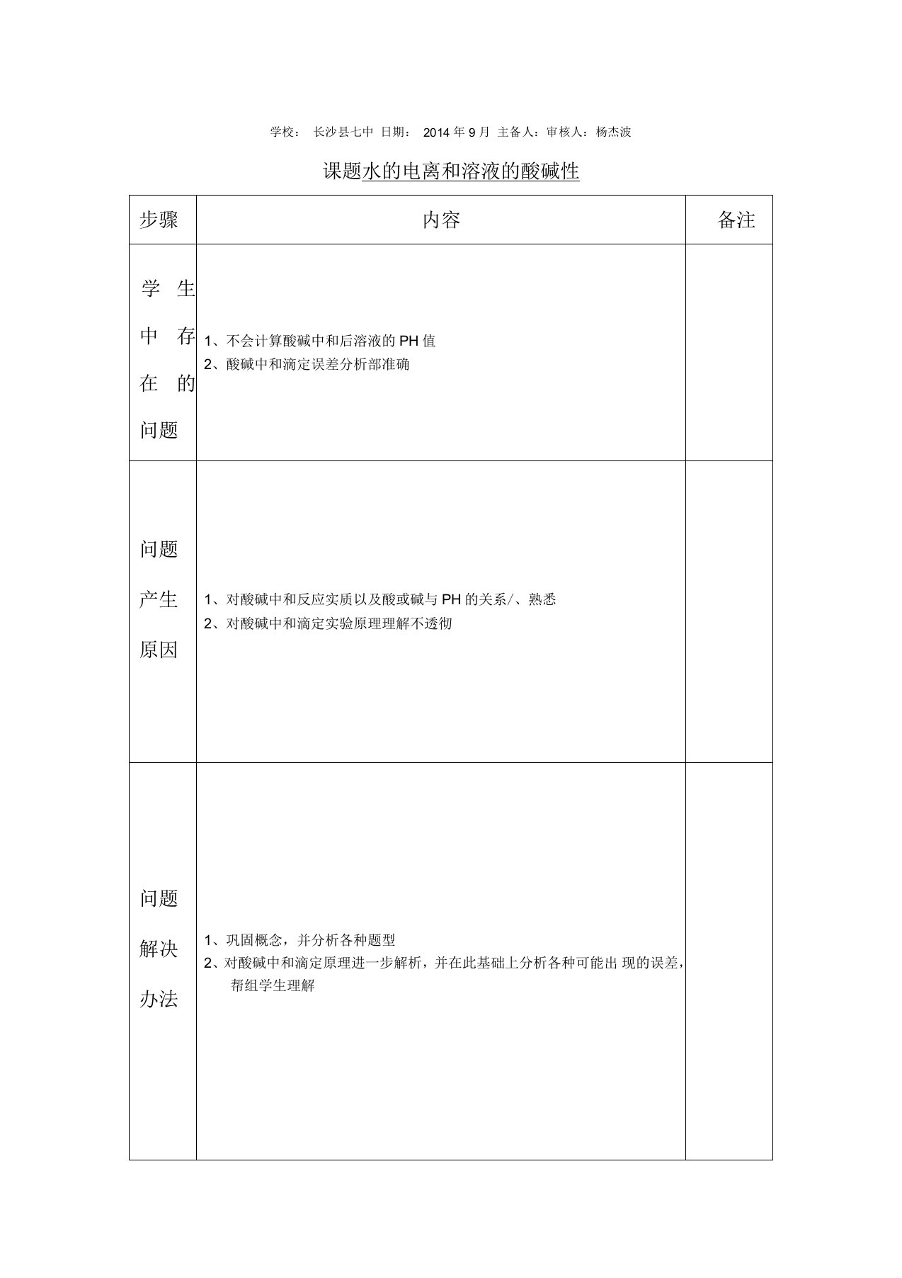 湖南省长沙县第七中学高三化学一轮复习备课讲义：水的电离和溶液的酸碱性缺答案