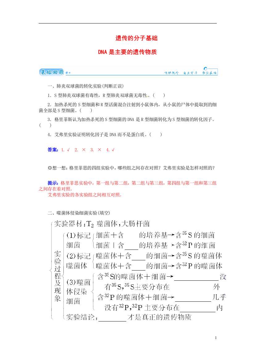 【金版学案】2021届高三生物第一轮细致复习典型题（基础回顾+网络构建+走进高考题组）DNA是主要的遗传物质试题（含解析）