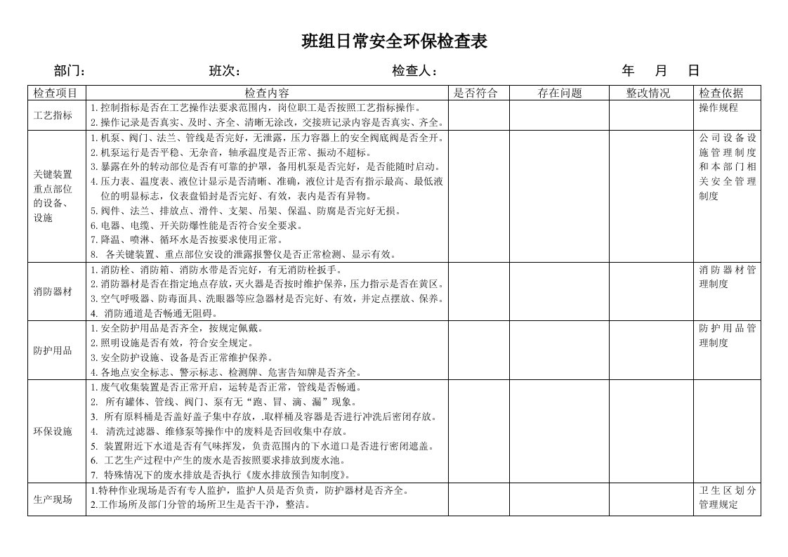 班组日常安全环保检查表