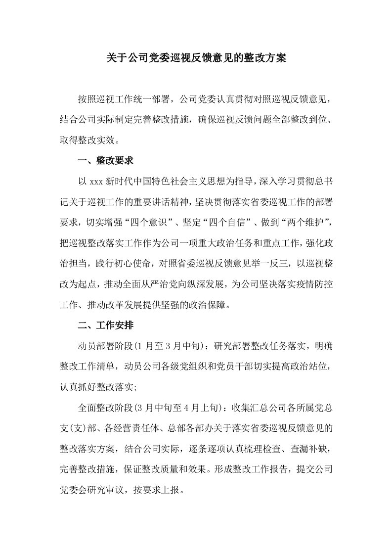 关于公司党委巡视反馈意见的整改方案