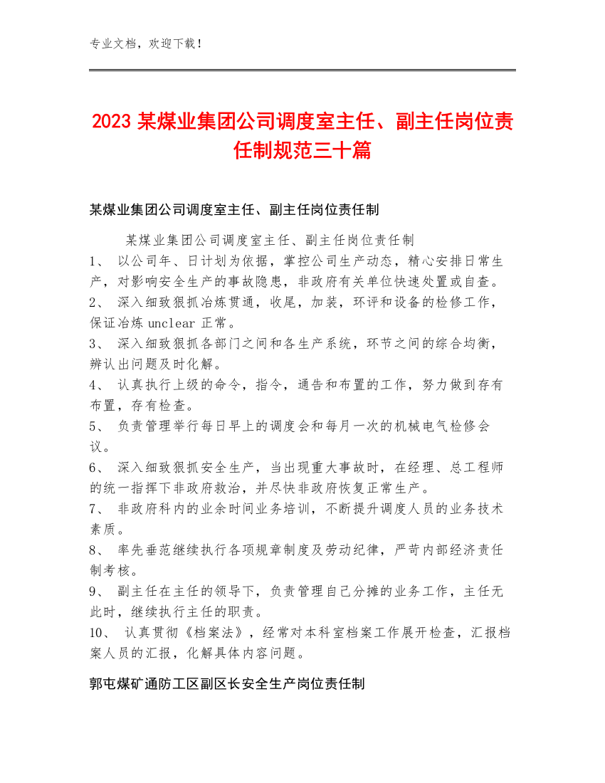 2023某煤业集团公司调度室主任、副主任岗位责任制规范三十篇