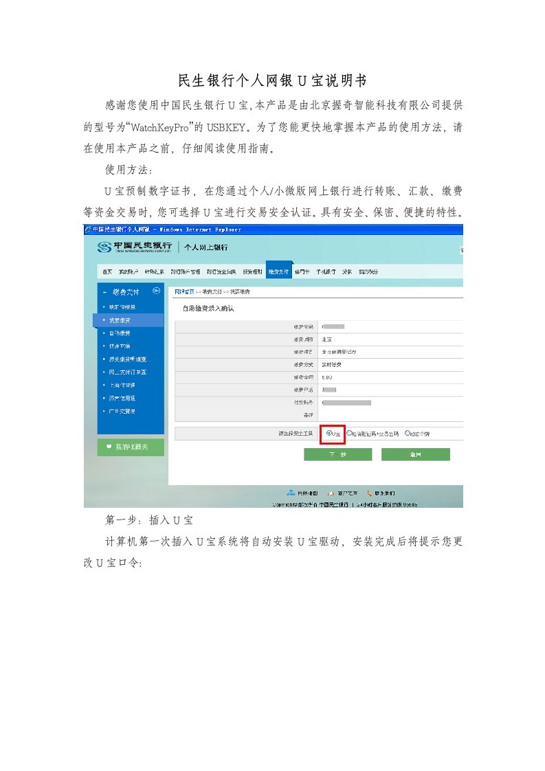 民生银行个人网银U宝说明书