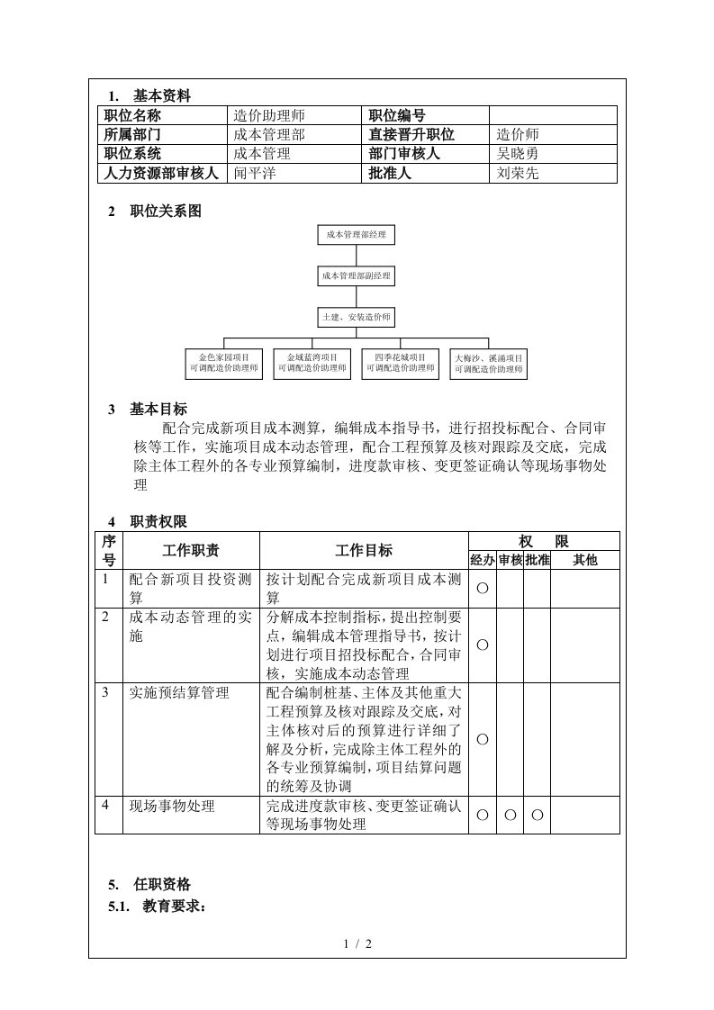 造价助理岗位说明