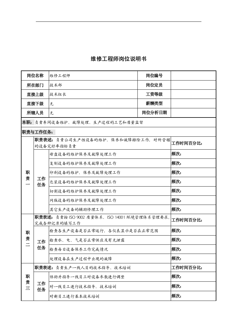 河北纪元光电公司技术部维修工程师岗位说明书