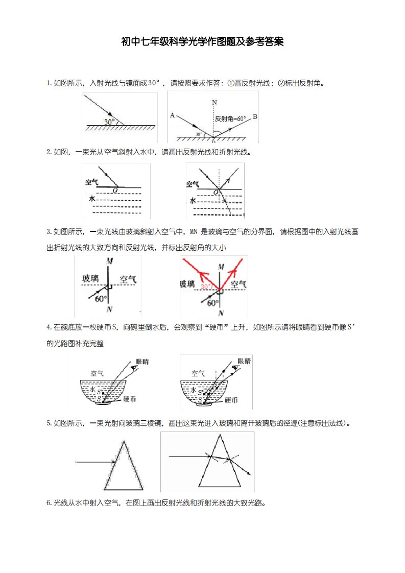 初中七年级科学光学作图题及参考答案