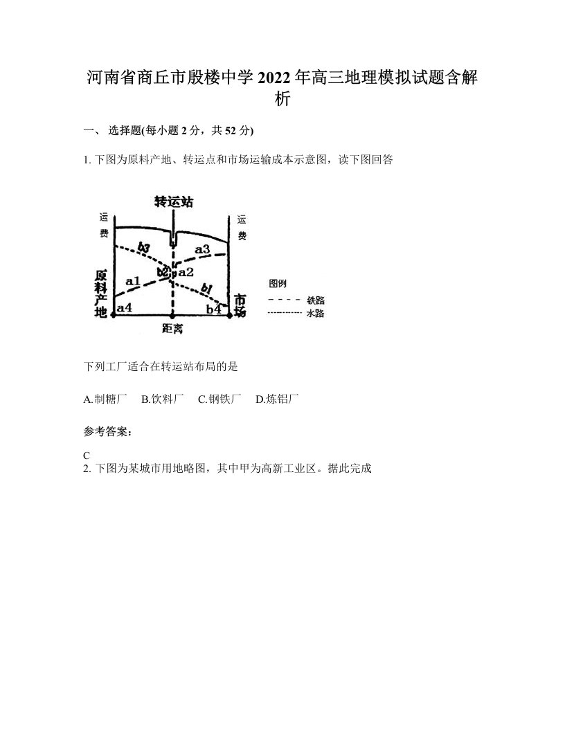 河南省商丘市殷楼中学2022年高三地理模拟试题含解析