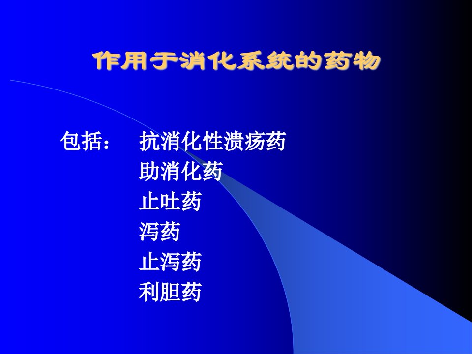 作用于消化系统的药物包括：抗消化性溃疡药助消化药止吐药泻药止泻药利胆药