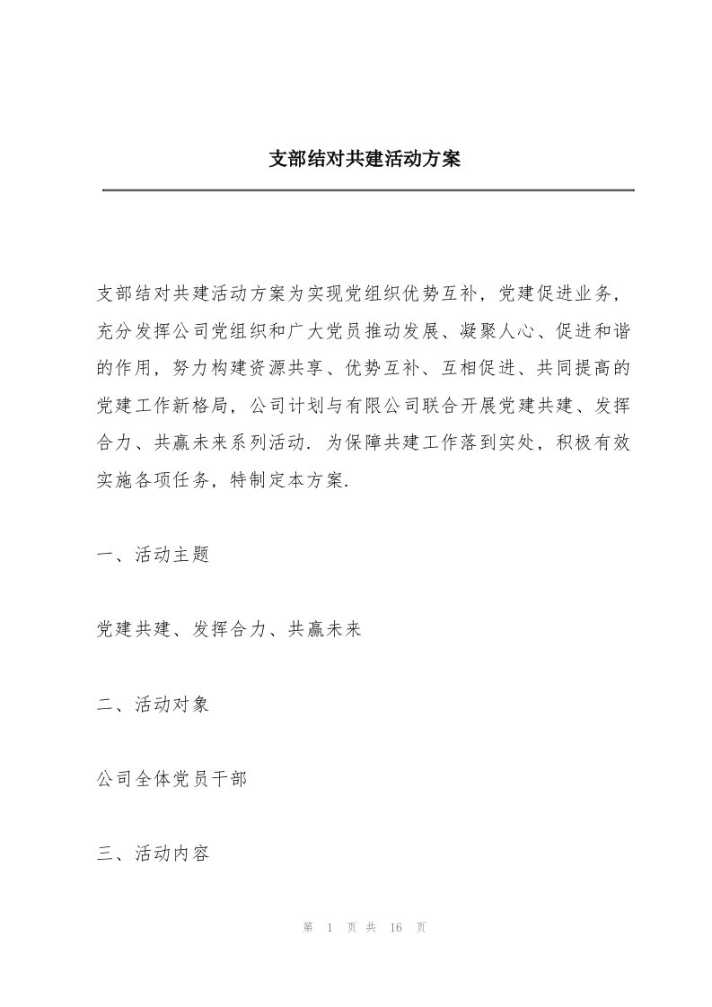 支部结对共建活动方案