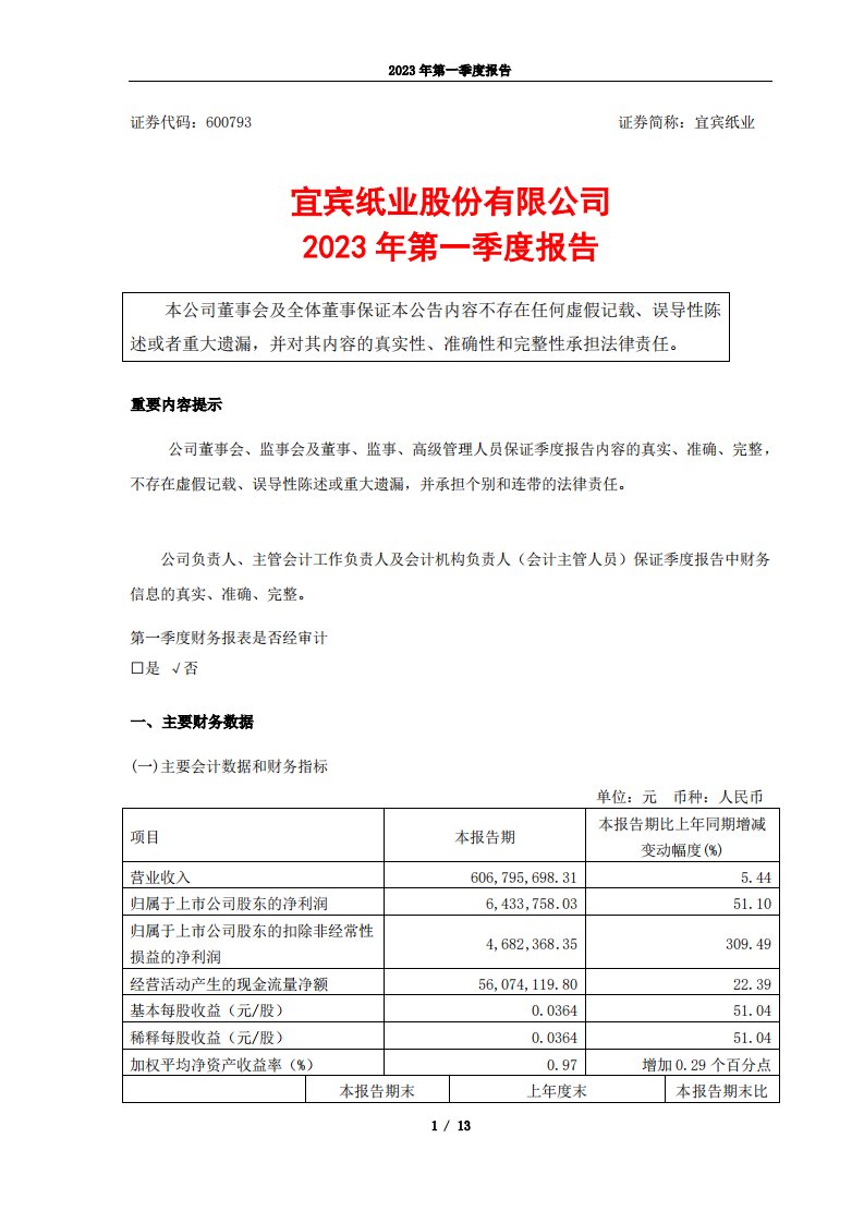 上交所-宜宾纸业股份有限公司2023年第一季度报告-20230420