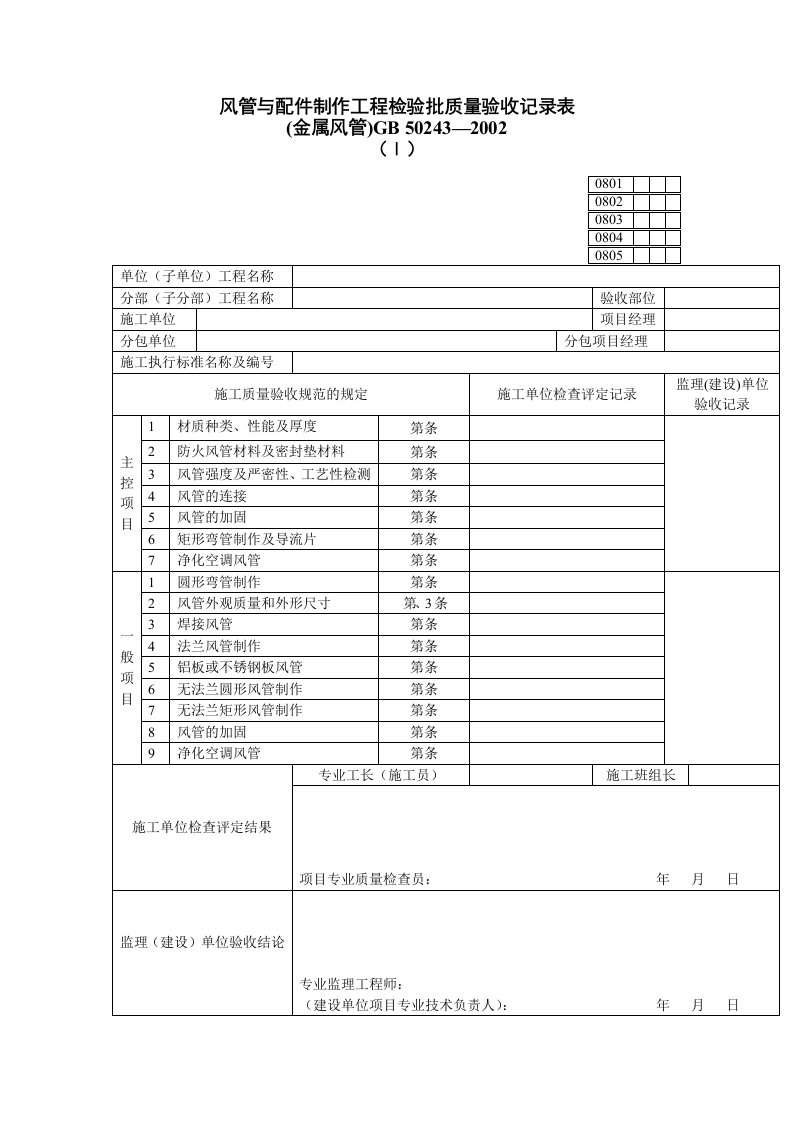 建筑工程通风与空调工程质量验收表格