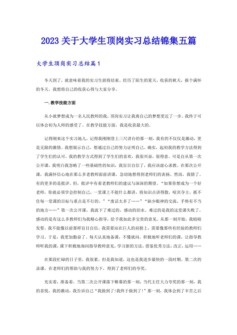 2023关于大学生顶岗实习总结锦集五篇