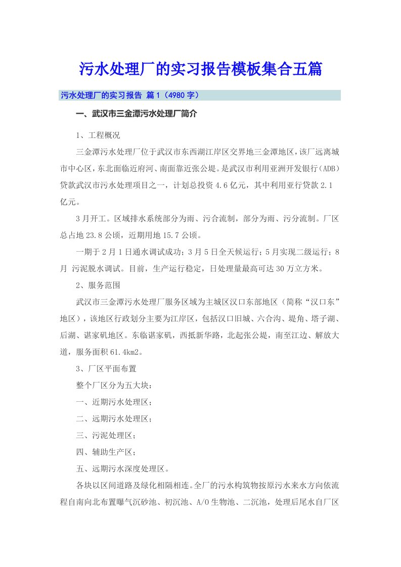 污水处理厂的实习报告模板集合五篇