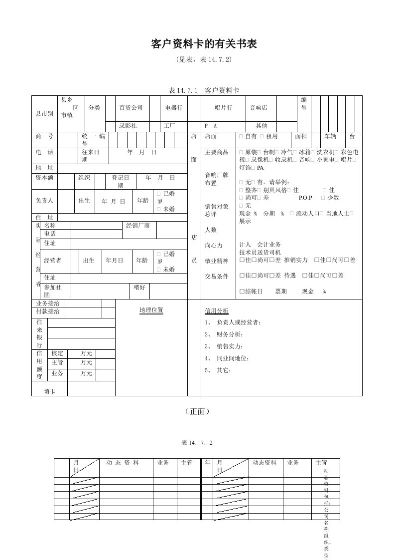 客户资料卡的有关书表