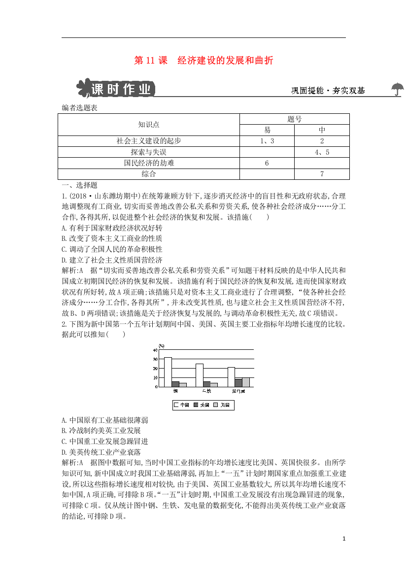 2018_2019学年高中历史第四单元中国特色社会主义建设的道路第11课经济建设的发展和曲折试题新人教版必修2