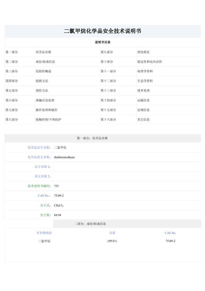 二氯甲烷MSDS样稿