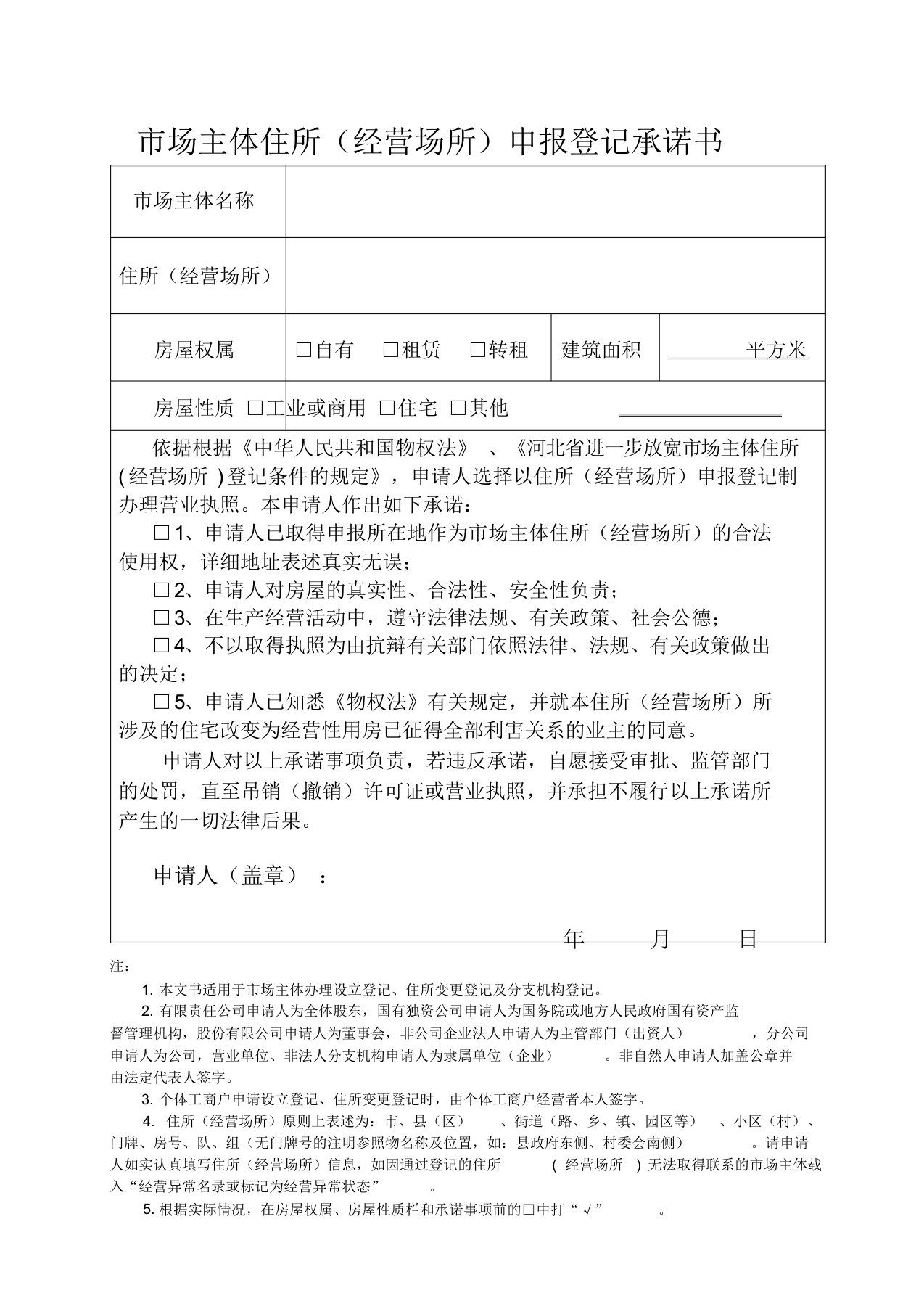 (完整版)市场主体住所(经营场所)申报登记承诺书