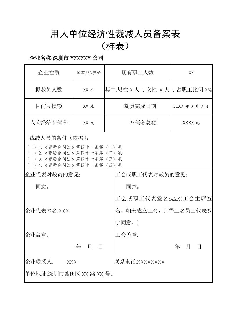 用人单位经济性裁减人员备案表