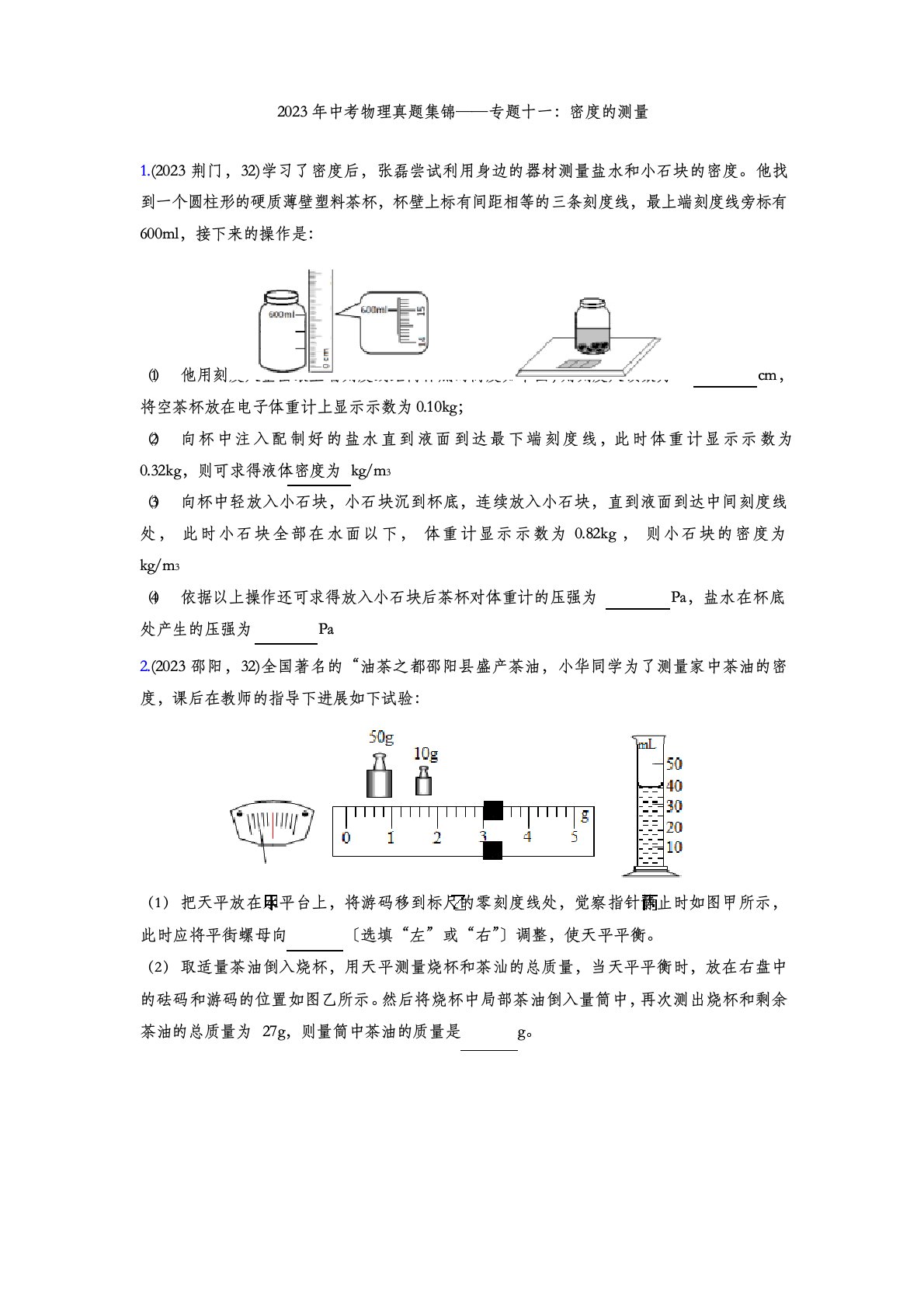 2023年中考物理真题——专题十一：密度的测量(含答案)