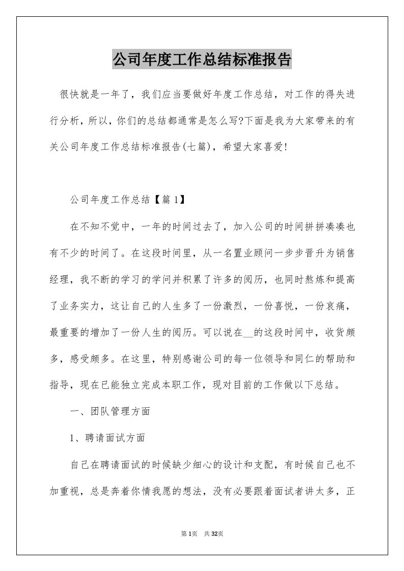 公司年度工作总结标准报告