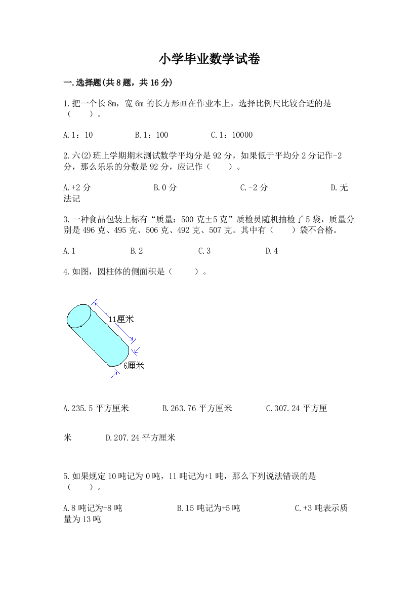 小学毕业数学试卷精品（能力提升）