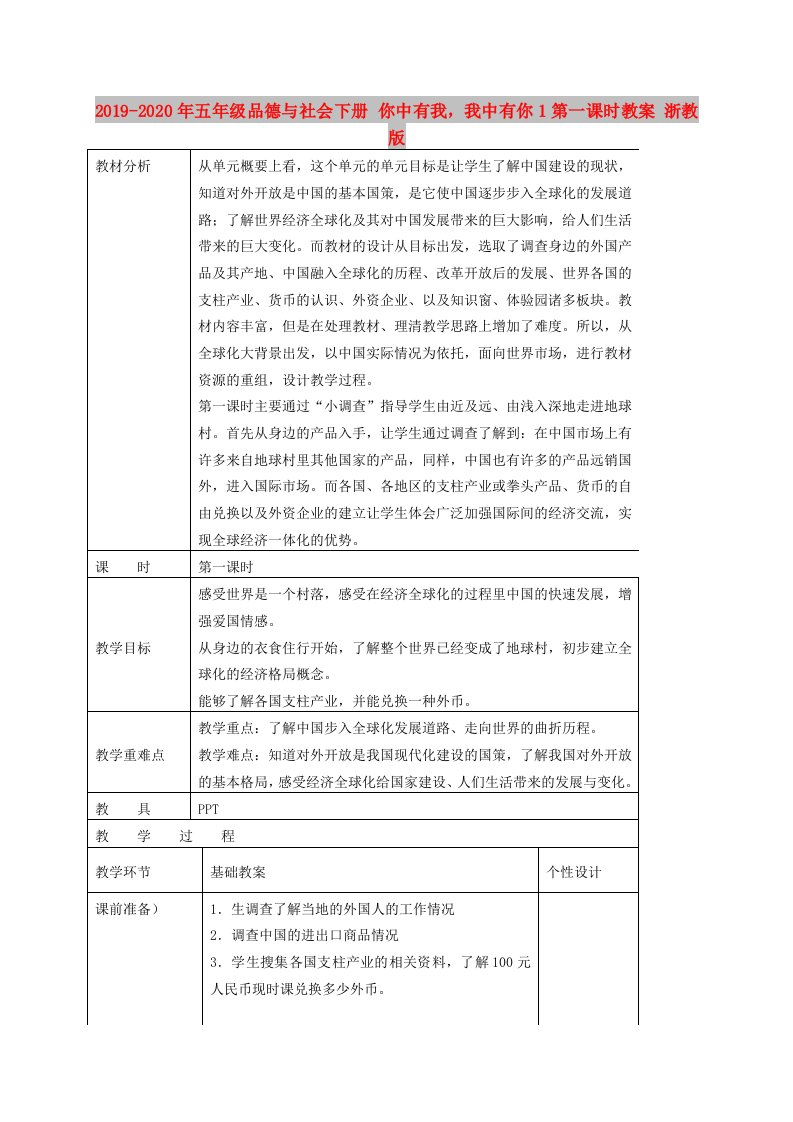 2019-2020年五年级品德与社会下册