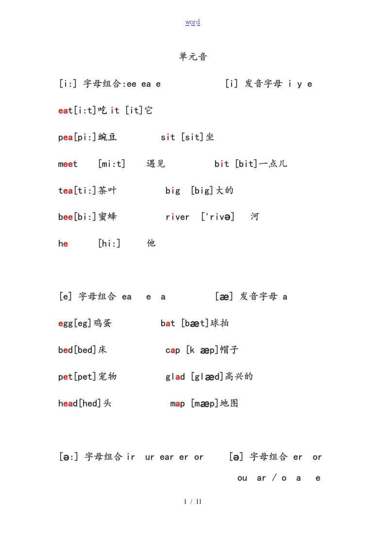 48个音标对应单词及音标(打印版)