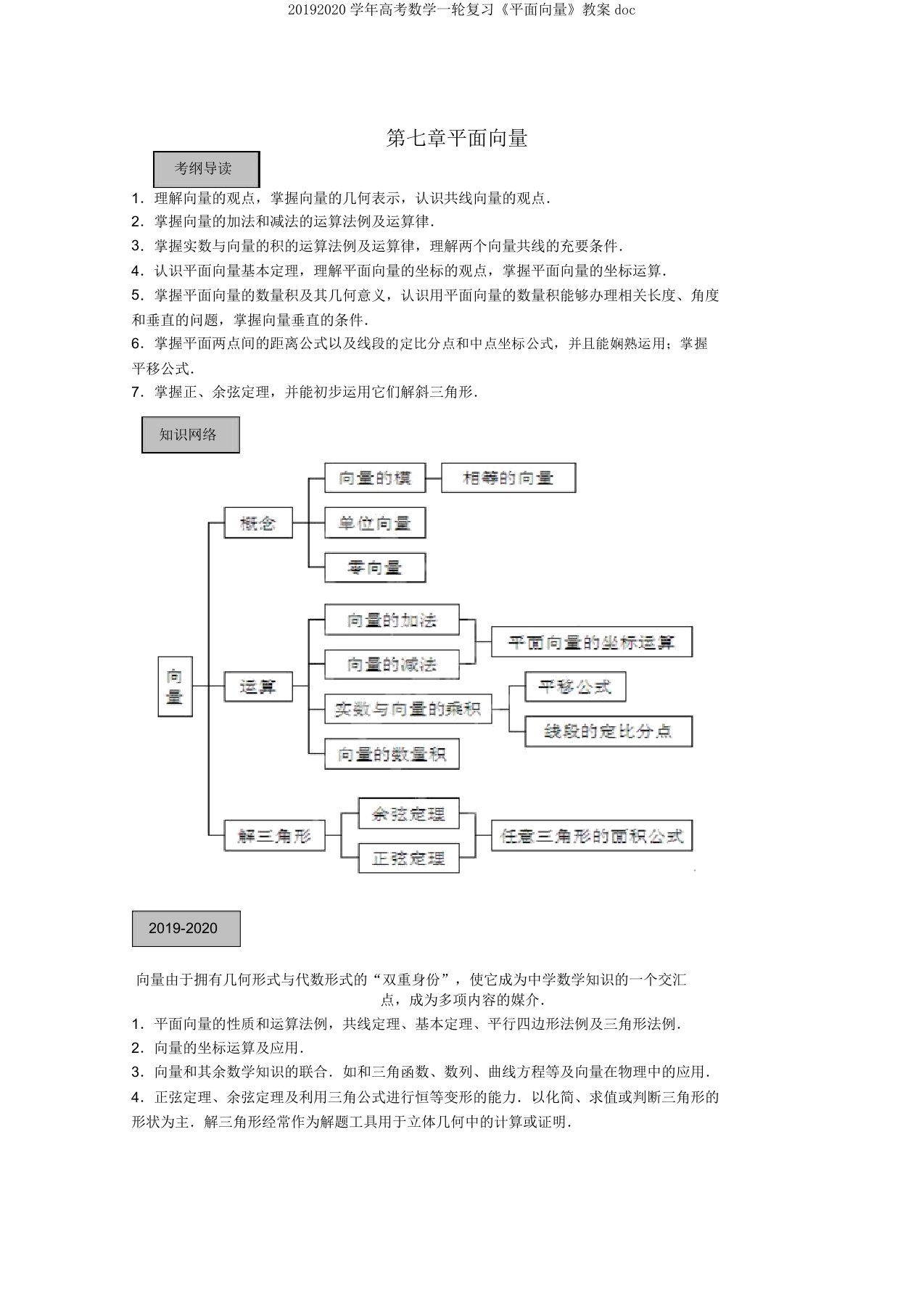 20192020学年高考数学一轮复习《平面向量》教案doc