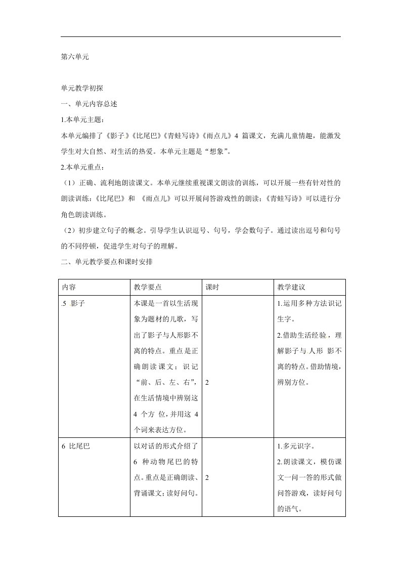 2018部编人教版语文一年级上册第六单元