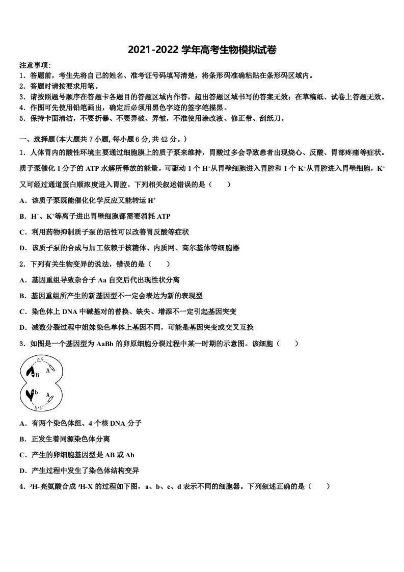 2022届黑龙江省哈尔滨市六中高三下第一次测试生物试题含解析