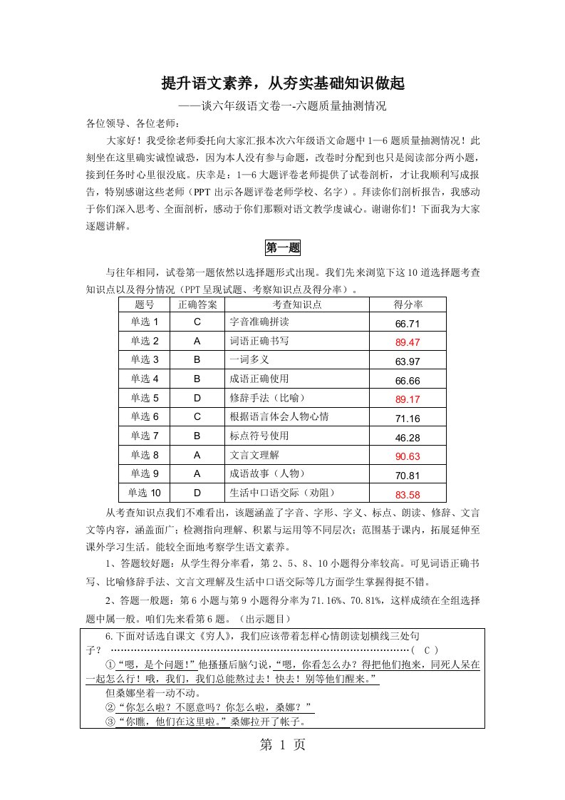 小学语文六年级期末质量抽测考试试题：基础知识板块分析报告