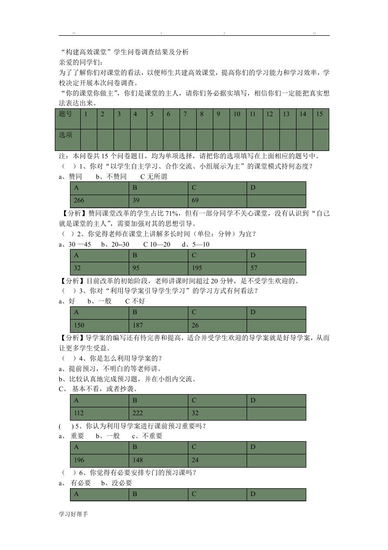 构建高效课堂调查问卷