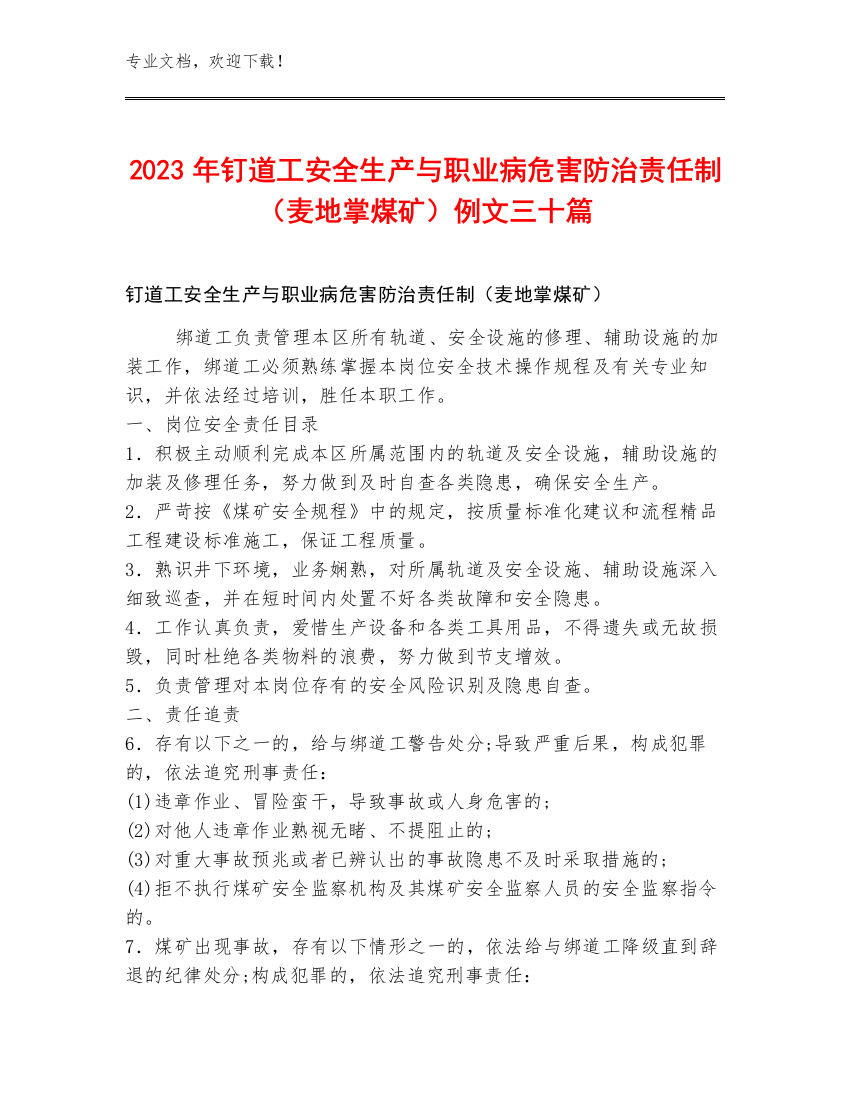 2023年钉道工安全生产与职业病危害防治责任制（麦地掌煤矿）例文三十篇