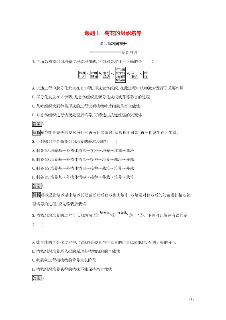 2021_2022学年高中生物专题3植物的组织培养技术课题1菊花的组织培养测评含解析新人教版选修1