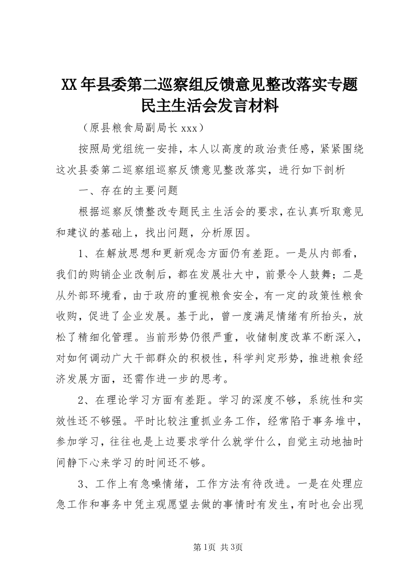 XX年县委第二巡察组反馈意见整改落实专题民主生活会发言材料