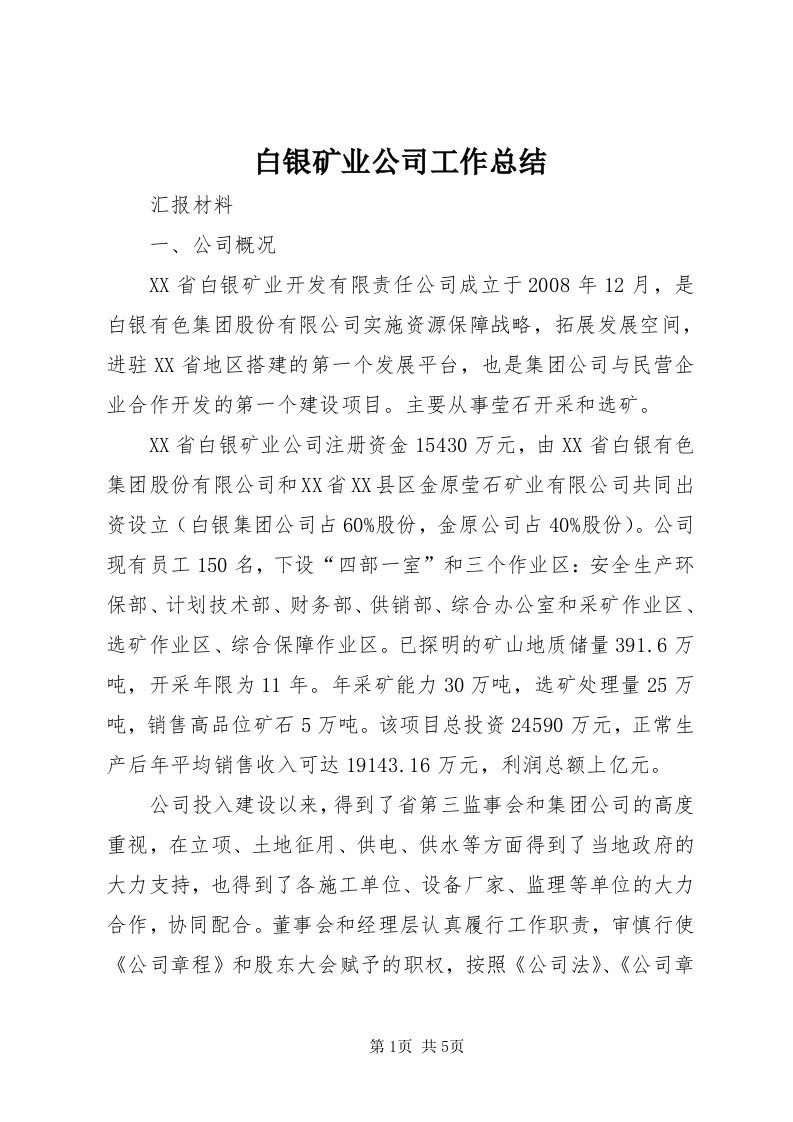 白银矿业公司工作总结