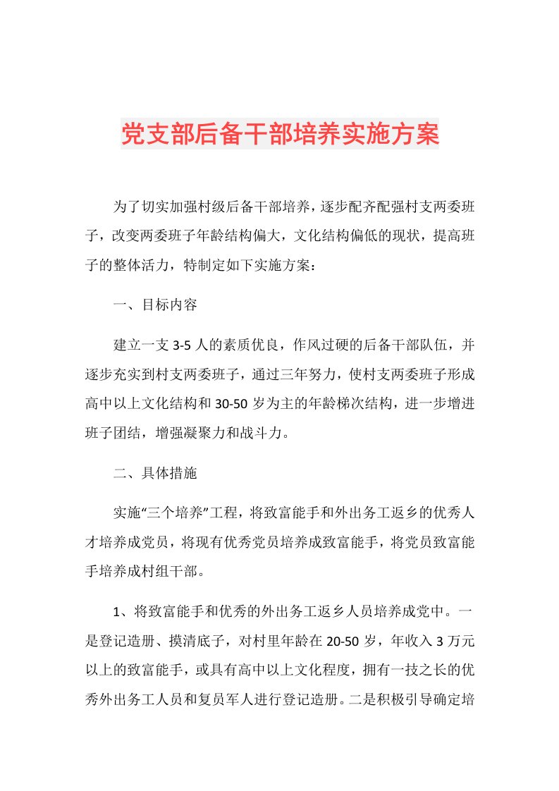 党支部后备干部培养实施方案