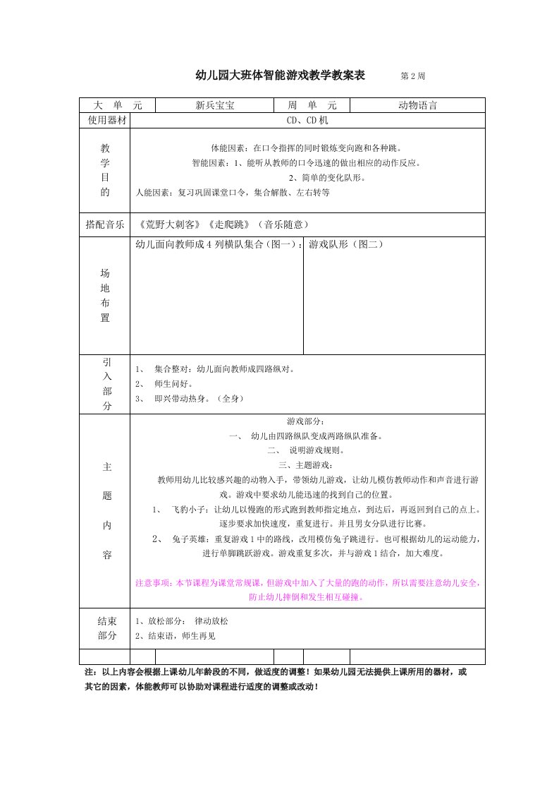 幼儿园中班体智能游戏教学教案表