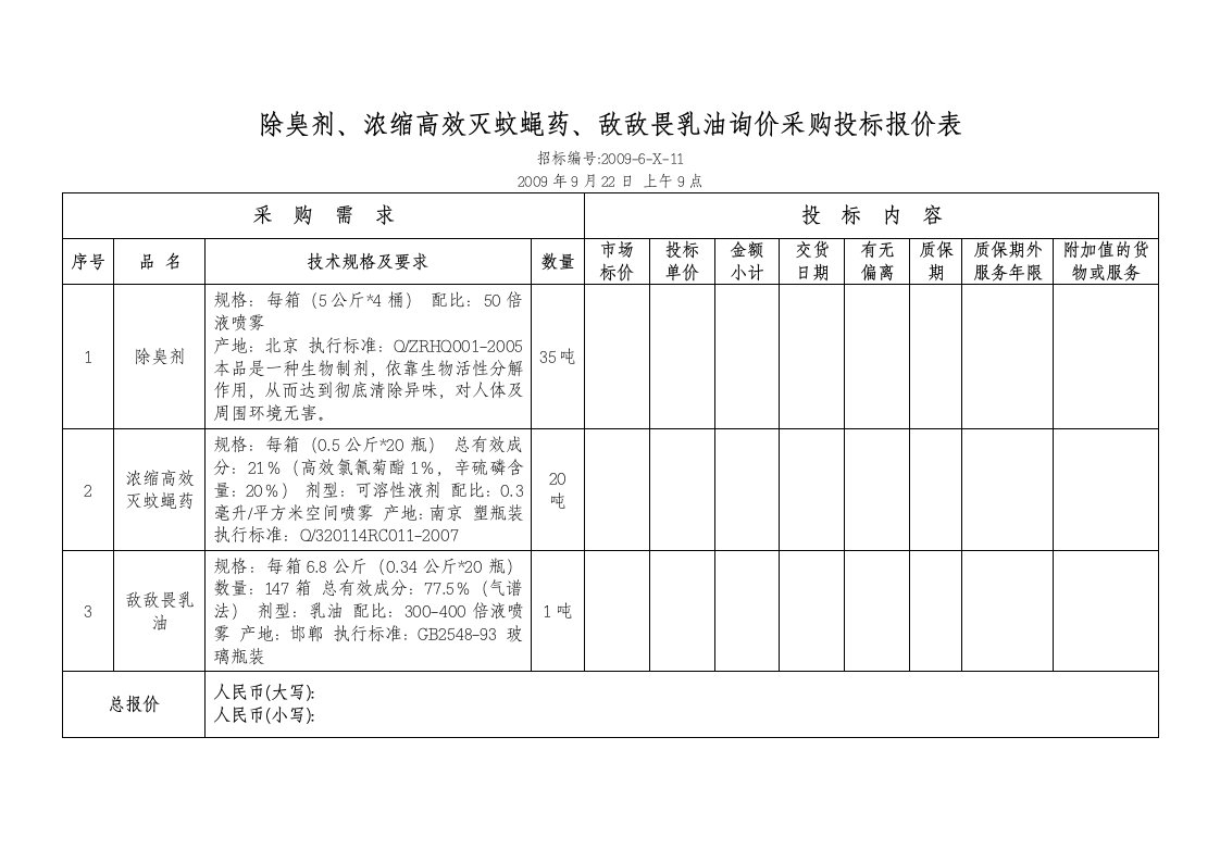 除臭剂、浓缩效灭蚊蝇药、敌敌畏乳油询价采购投标报价表