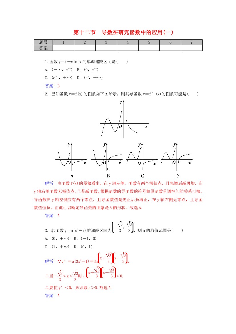 高考数学一轮复习212导数在研究函数中的应用(一)课时作业文(含解析)